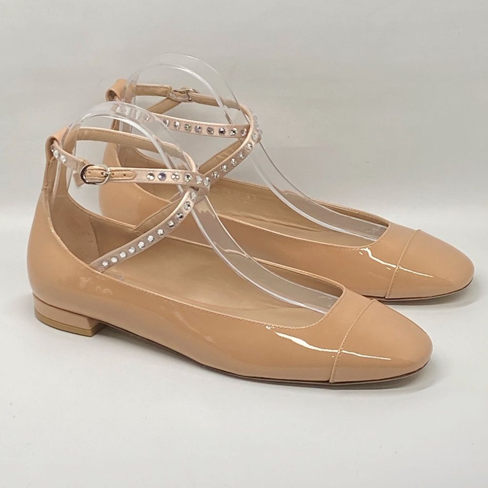 Stuart Weitzman Crystal-Embellished Leather Ankle-Wrap Flats size 7.5
